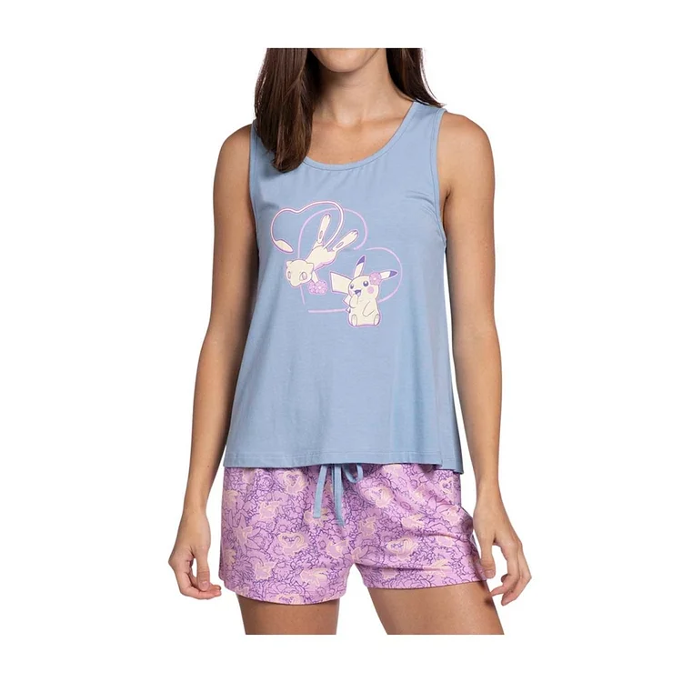Pikachu & Mew Admiration Blue Tank Top & Pink Jersey Shorts Set - Women