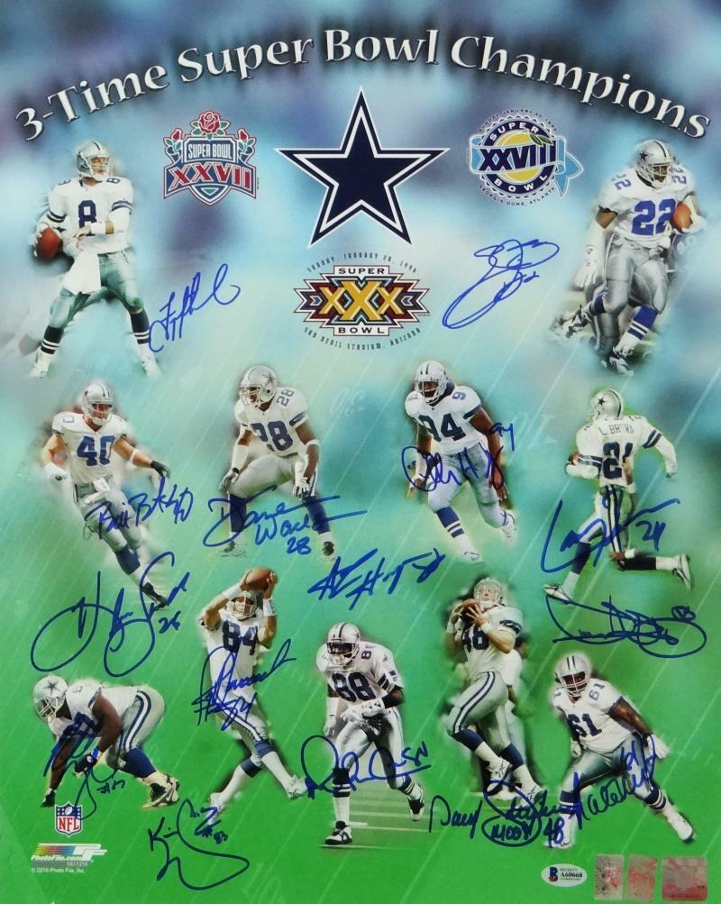 Dallas Cowboys Signed 16x20 3X SB Champs Photo Poster painting With 15 Sigs- Beckett Letter Auth