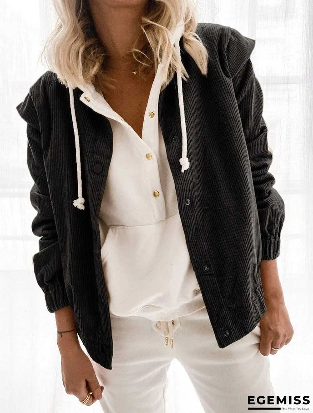 Casual Solid Color Corduroy Loose Long-sleeved Stand-up Collar Coat | EGEMISS