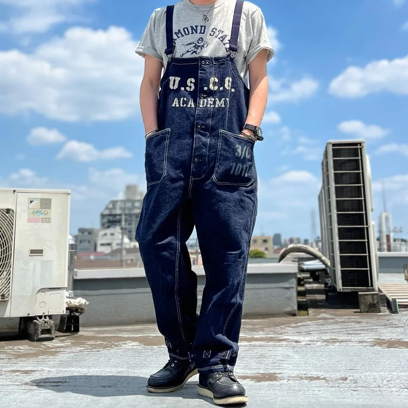 Vintage US Print Adjustable Strap Denim Overalls