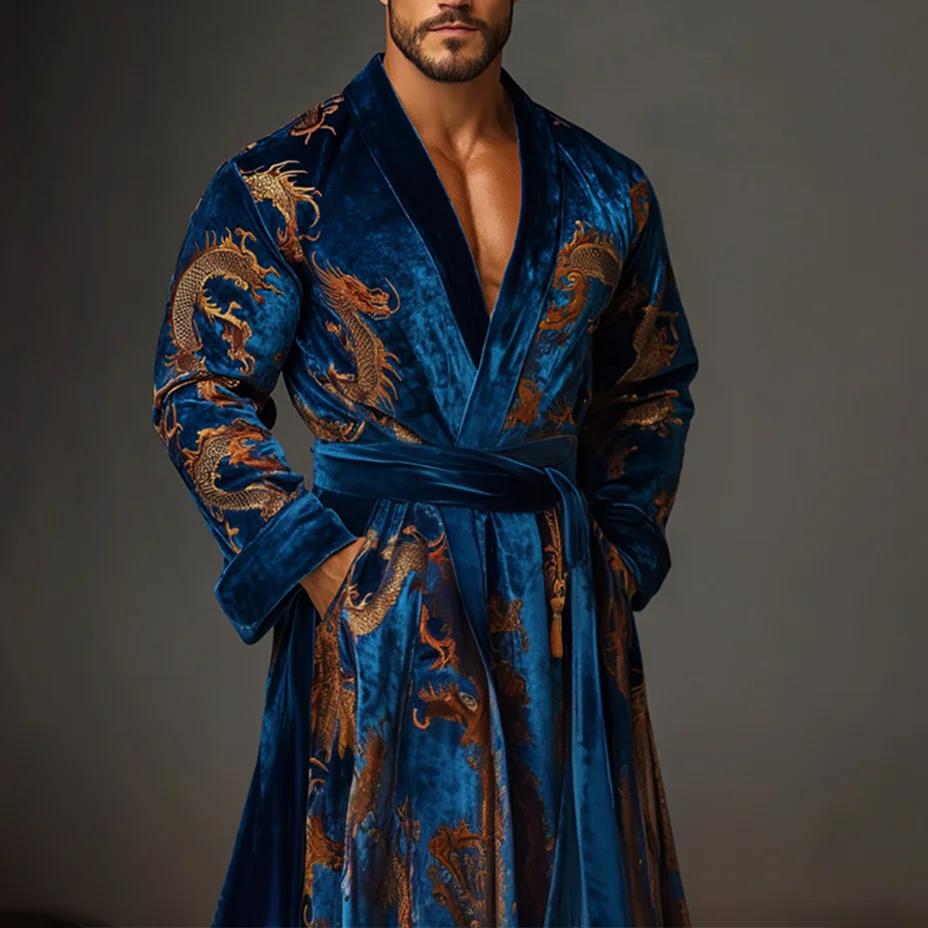 Men's Flannel Baroque Oriental Dragon Graphic Robe Pajamas-inspireuse