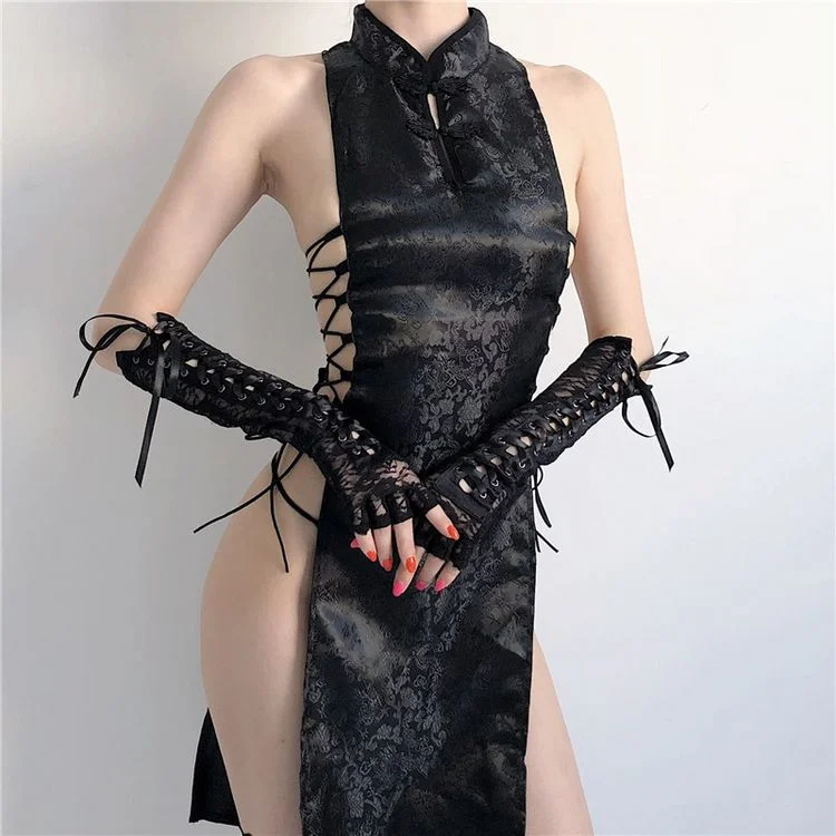 Women Sexy Lingerie High Split Bandage Mini Dress Qipao Cheongsam Uniform Chinese Traditional Party Dress Nightclub Costumes