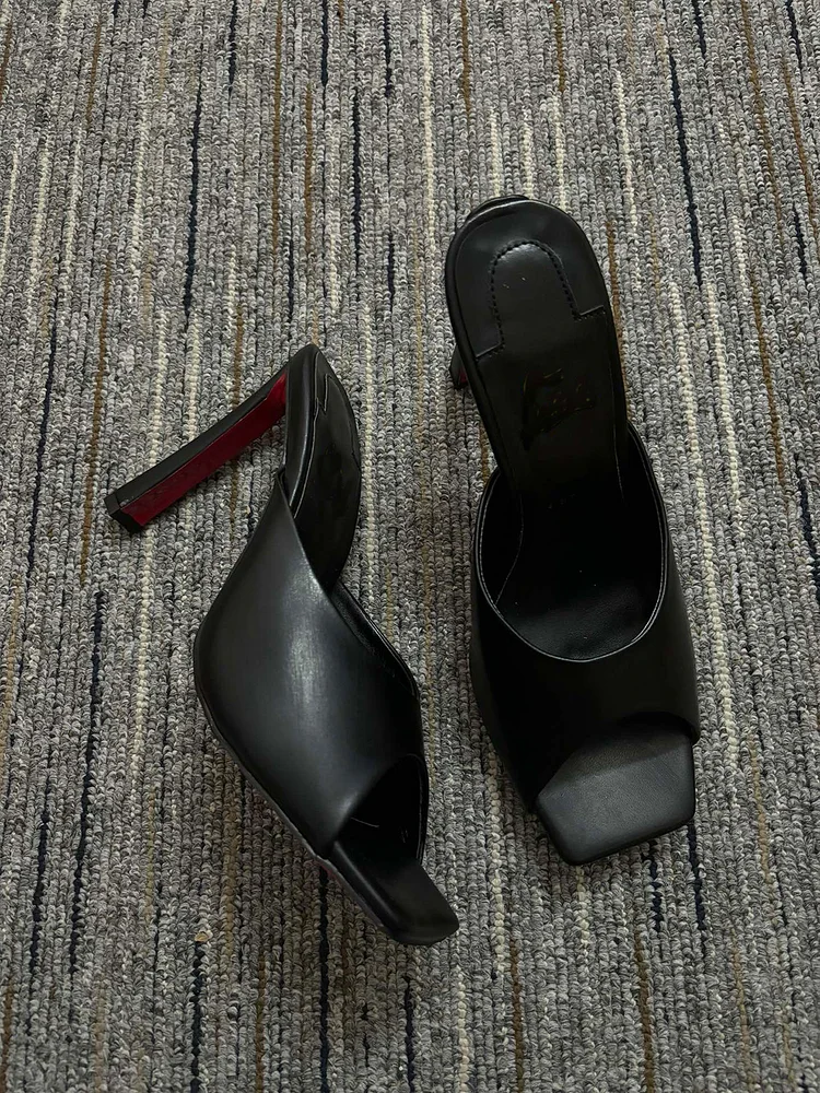 100mm Women's Mules Summer Matte Square Head Open Toe Sandals High Heel Party Shoes Red Bottom Pumps