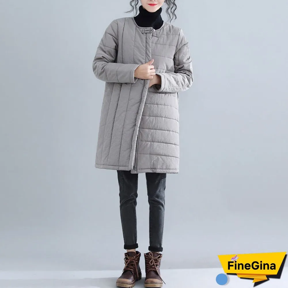 New gray Parkas Loose fitting o neck snow jackets Elegant Chinese Button winter outwear
