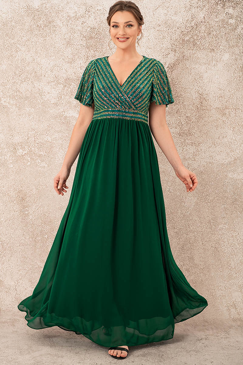 Flycurvy Plus Size Evening Gowns Green Sequin Butterfly Sleeves Maxi Dress