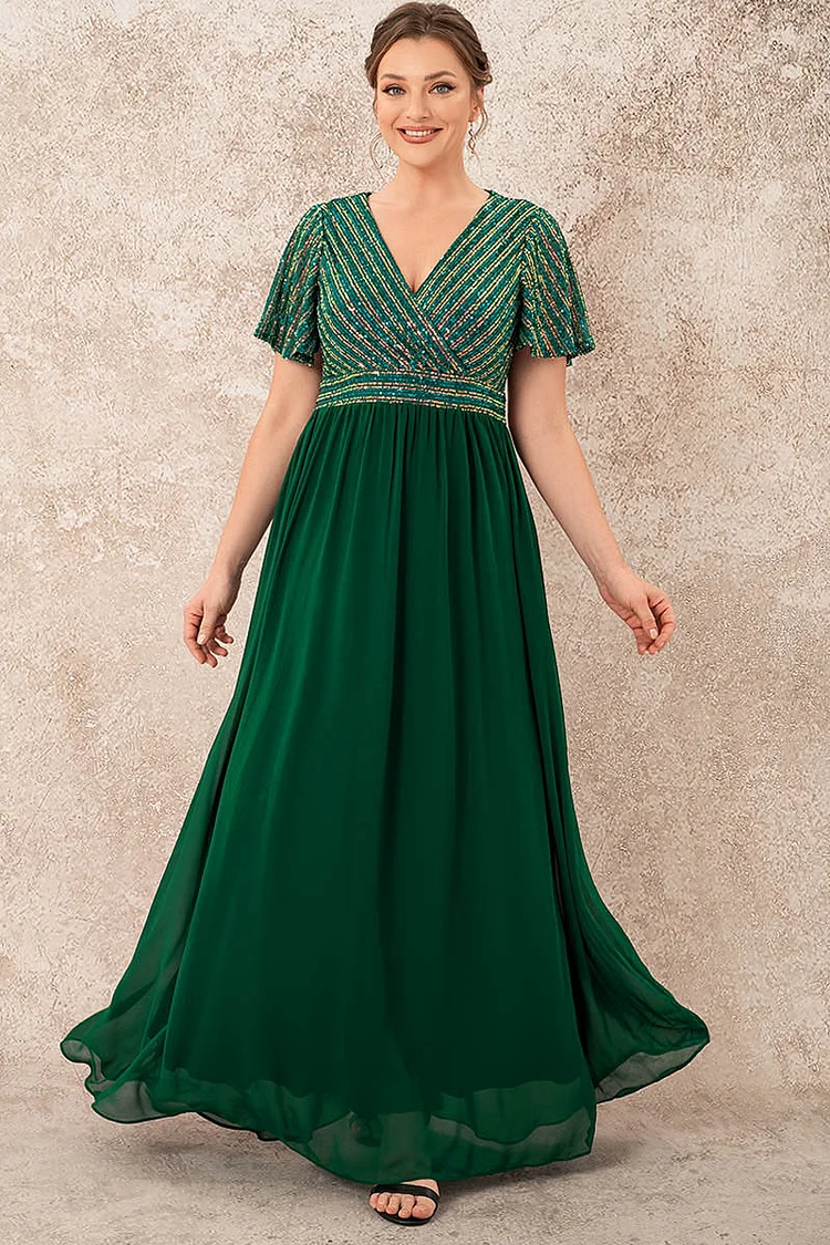 Flycurvy Plus Size Evening Gowns Green Sequin Butterfly Sleeves Maxi Dress  Flycurvy [product_label]