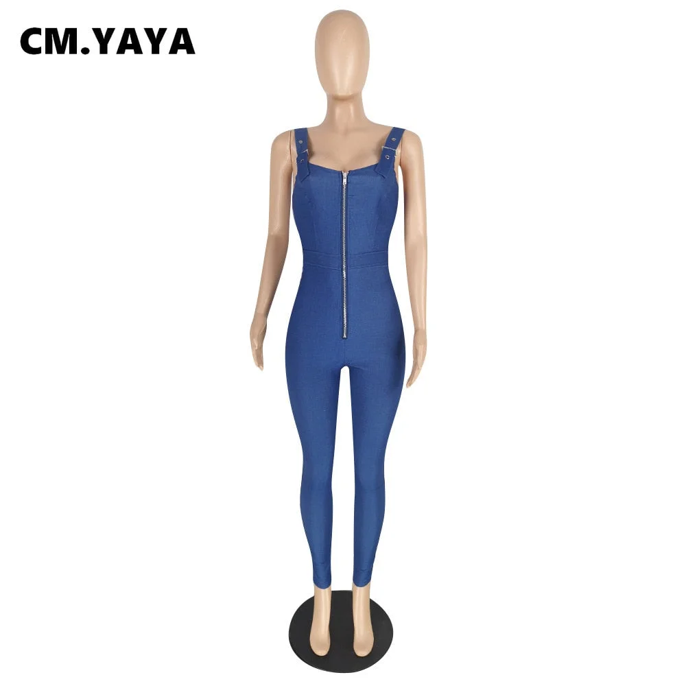 CM.YAYA Fake Jeans Women's Skinny Zipper Up Rompers Fashion Sleeveless Pencil Jumpsuit Bodycon Active One Piece Overalls