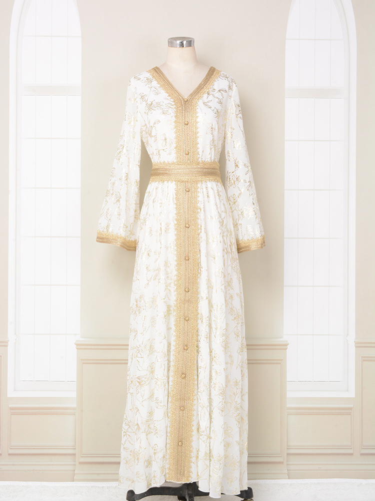 Floral Pattern Golden Edge V Neck Long Sleeve Kaftan | Oxredo Shop Ramadan Sale