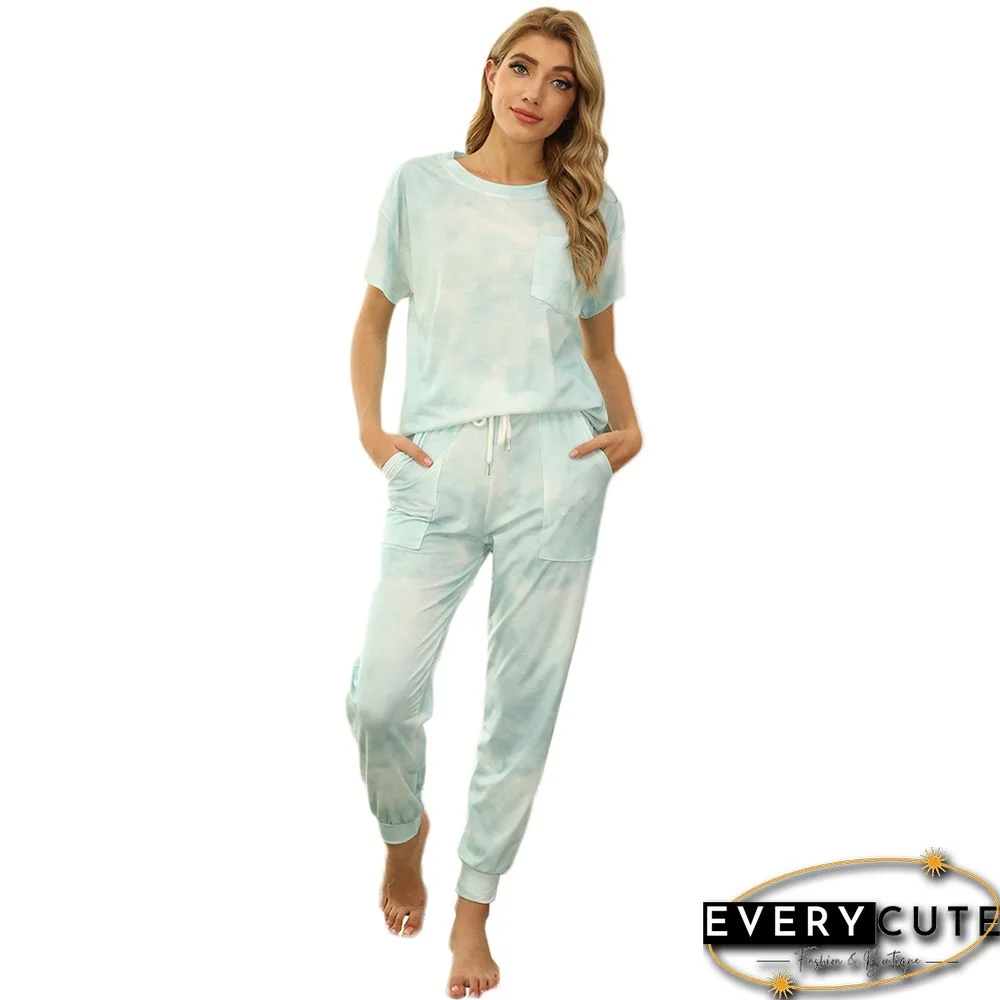 Light Green Short Sleeve Tie Dye Pants Loungewear Set