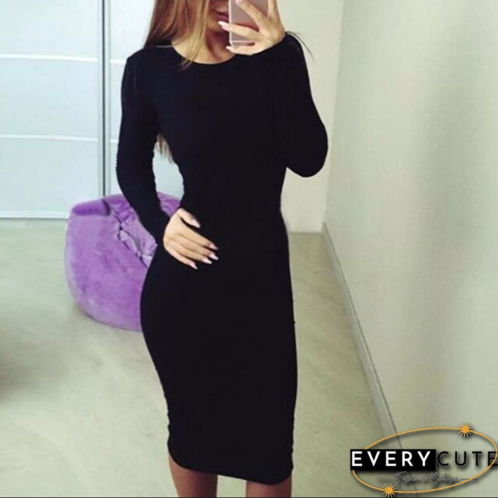Women Casual Long Sleeve Round Neck Package Hip Dress