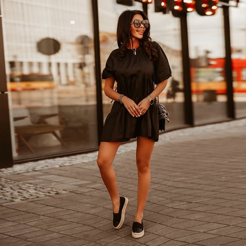 Women Summer Casual Ruffled A-line Party Dress O neck Solid Color Puff Sleeves Layered Hem Mini Dress 2021 New Fashion Dress