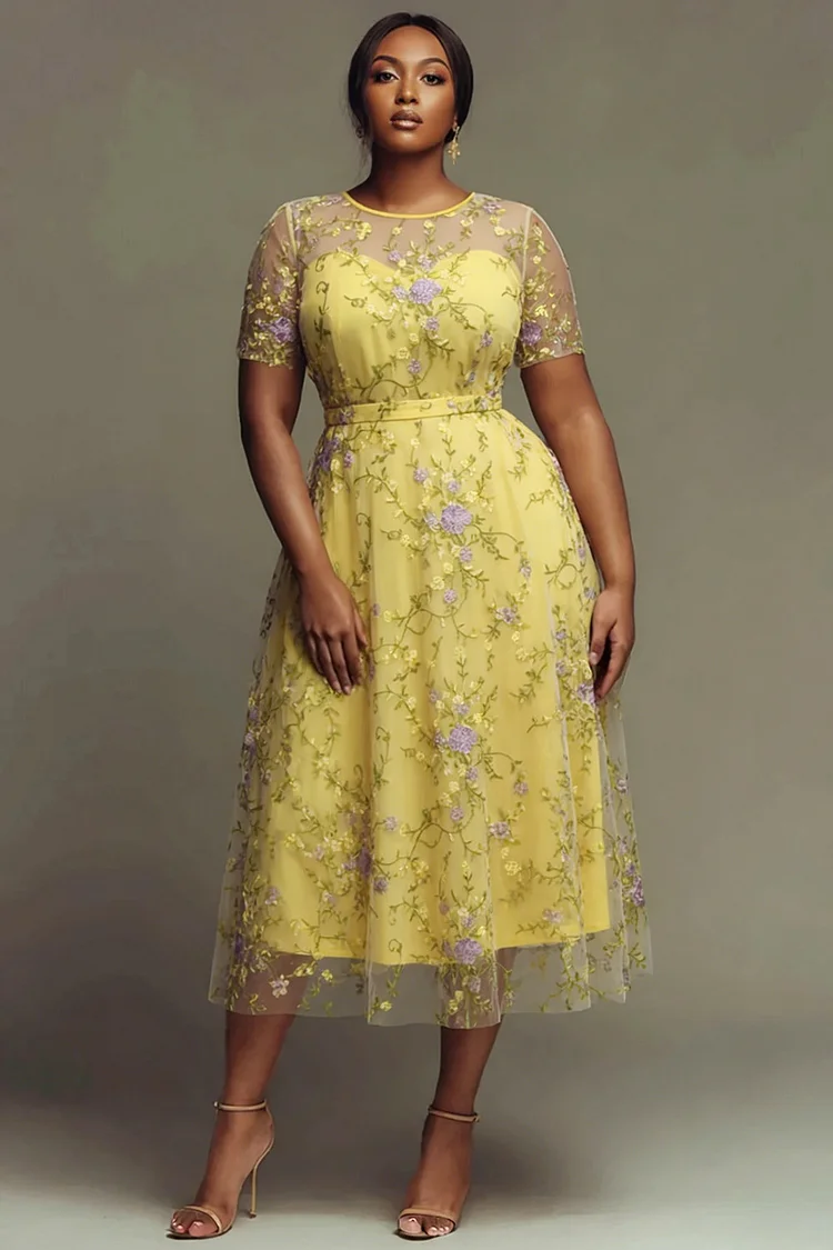 Xpluswear Design Plus Size Cocktail Party Yellow Floral Round Neck Short Sleeve Embroidery See Through Midi Dresses [Pre-Order] 2024 - Xpluswear