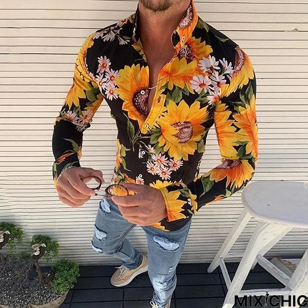 Men's Casual Turndown Collar Long-Sleeved Flower Printed Shirt