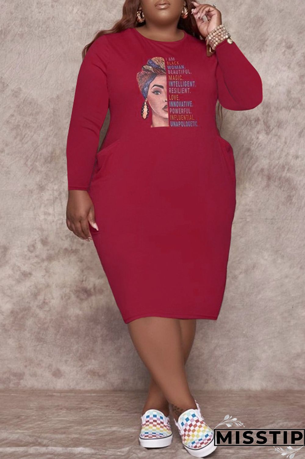 Burgundy Fashion Casual Print Basic O Neck Long Sleeve Plus Size Dresses