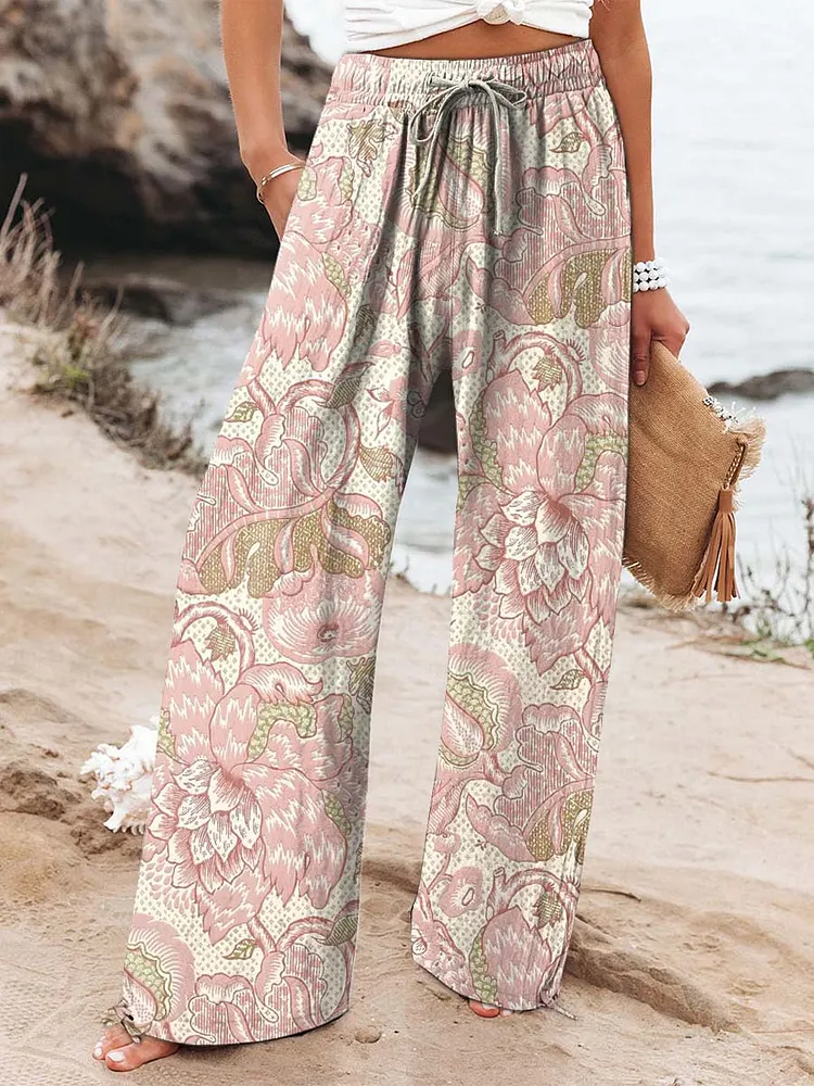 Women's Vintage Floral Art Printed Cotton And Linen Casual Pants