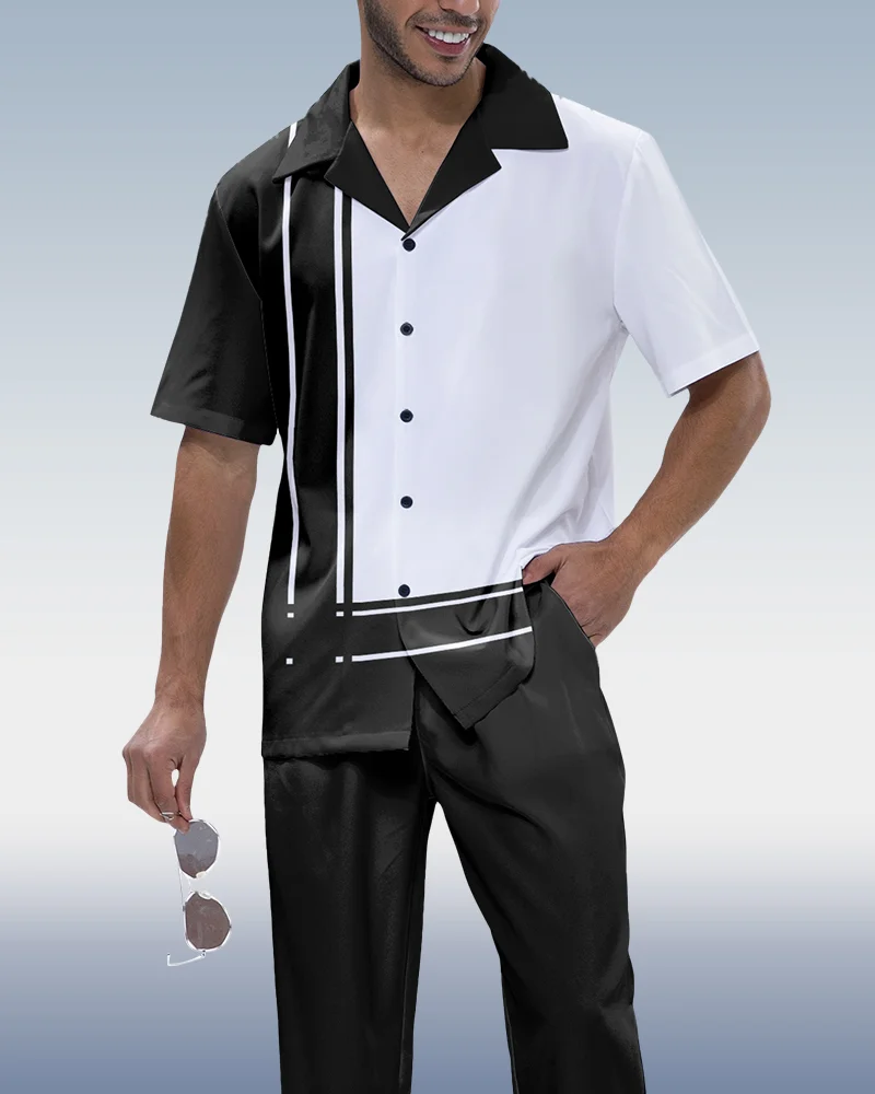Black Panel Print Short Sleeve Walking Suit