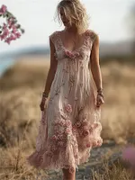 Vintage Boho Pink Roses Lace Flowy Linen Maxi Dress