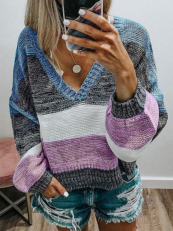 Women's Knitted Long Sleeve V-neck Sweater Top
