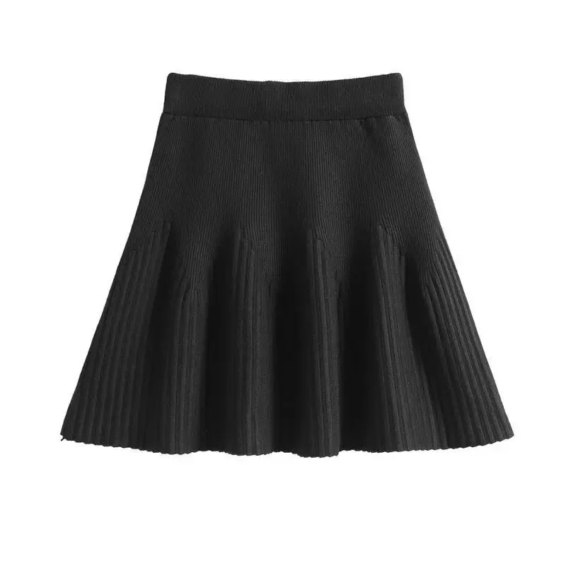 Brownm Solid A-line Knitted Pleated Mini Skirt