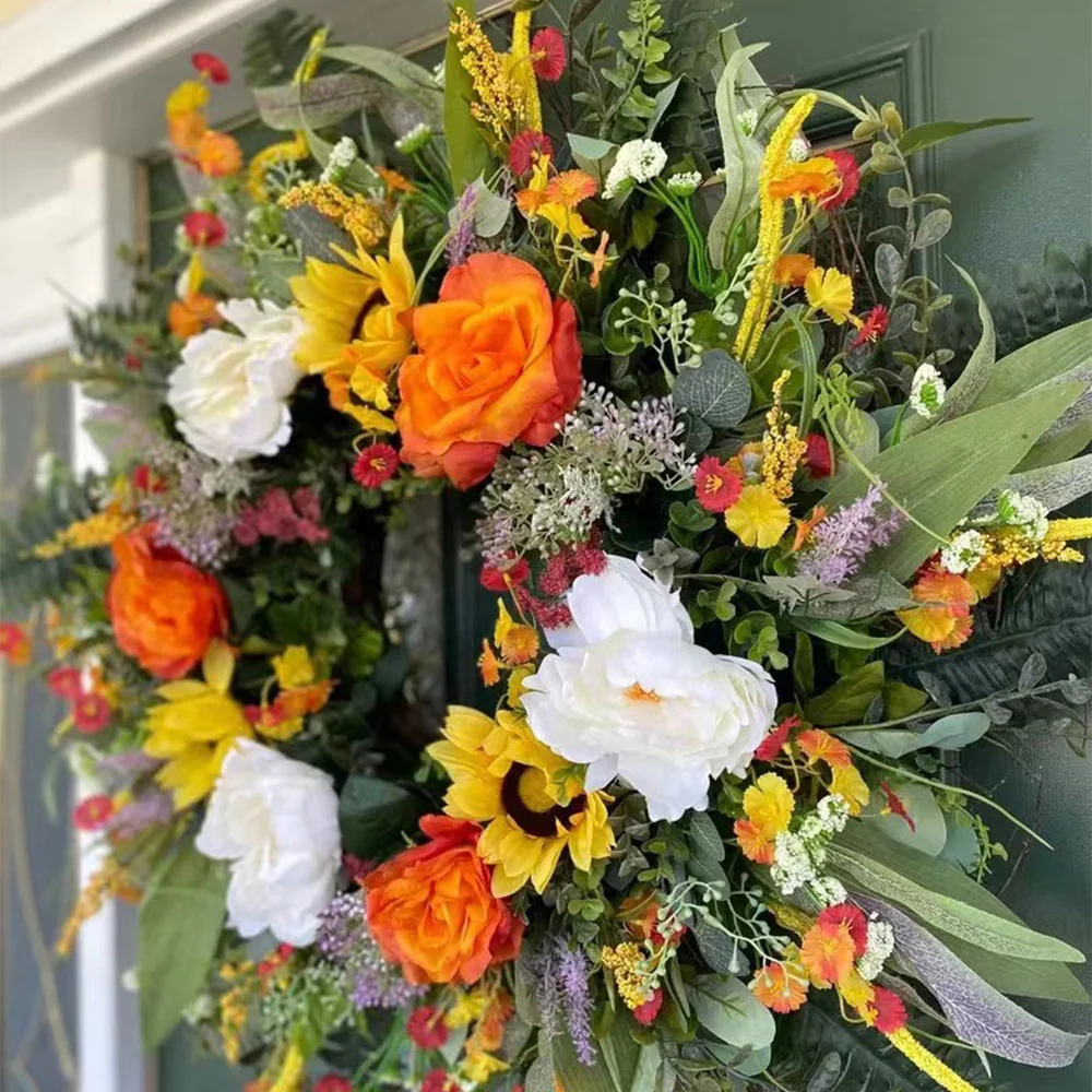 Berry Rattan Circle Simulation Sunflower Wreath Ornament for Thanksgiving