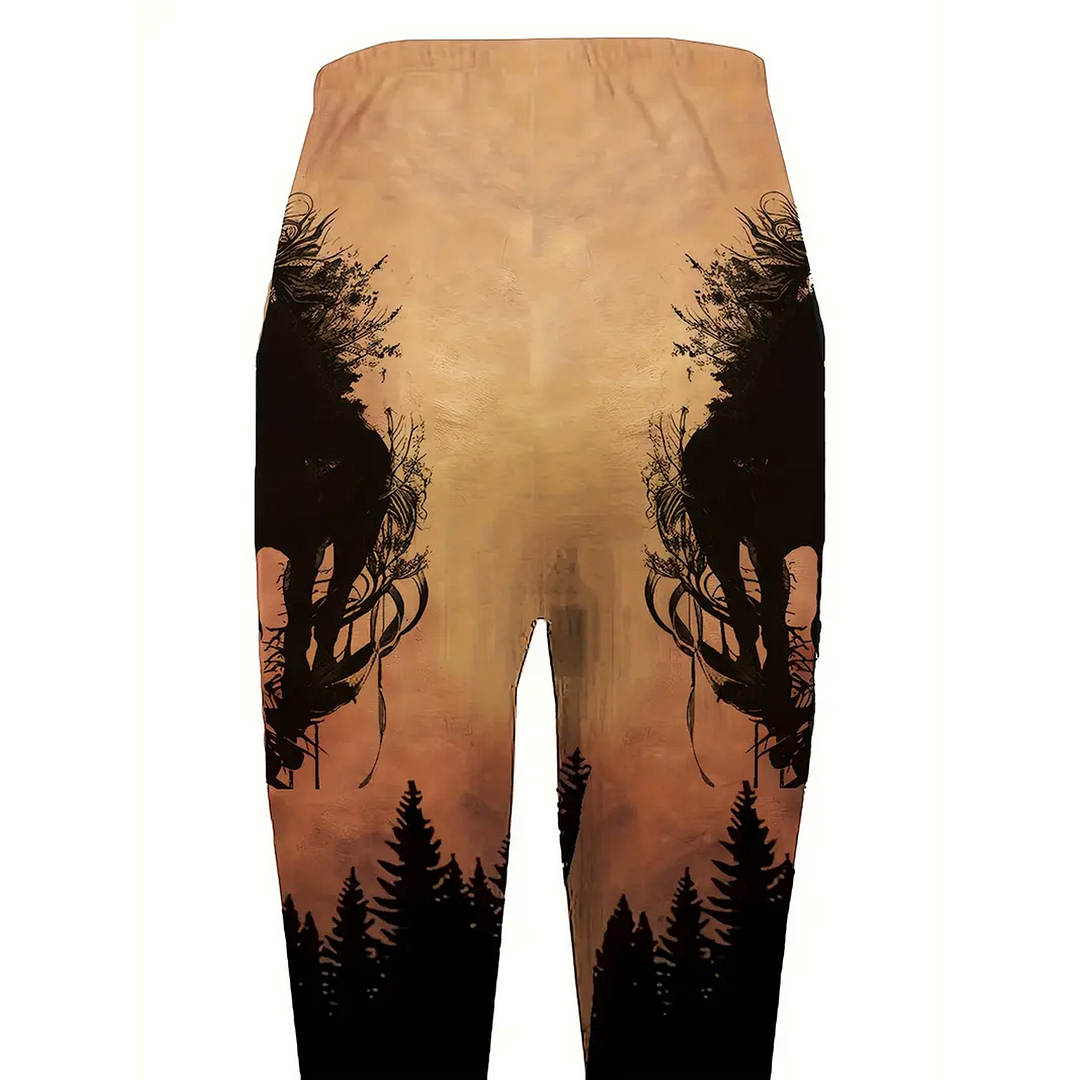 Long Length Slim Fit Geometric Patterned Polyester Cowboy Horse Print Leggings - Elastic Waist, Mid Stretch, Casual Styl