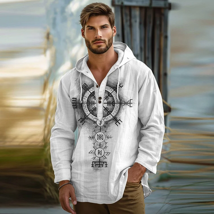 Simpfit Leinen-Kapuzenhemd im Vintage-Stil mit Wikinger-Motiv für Herren
