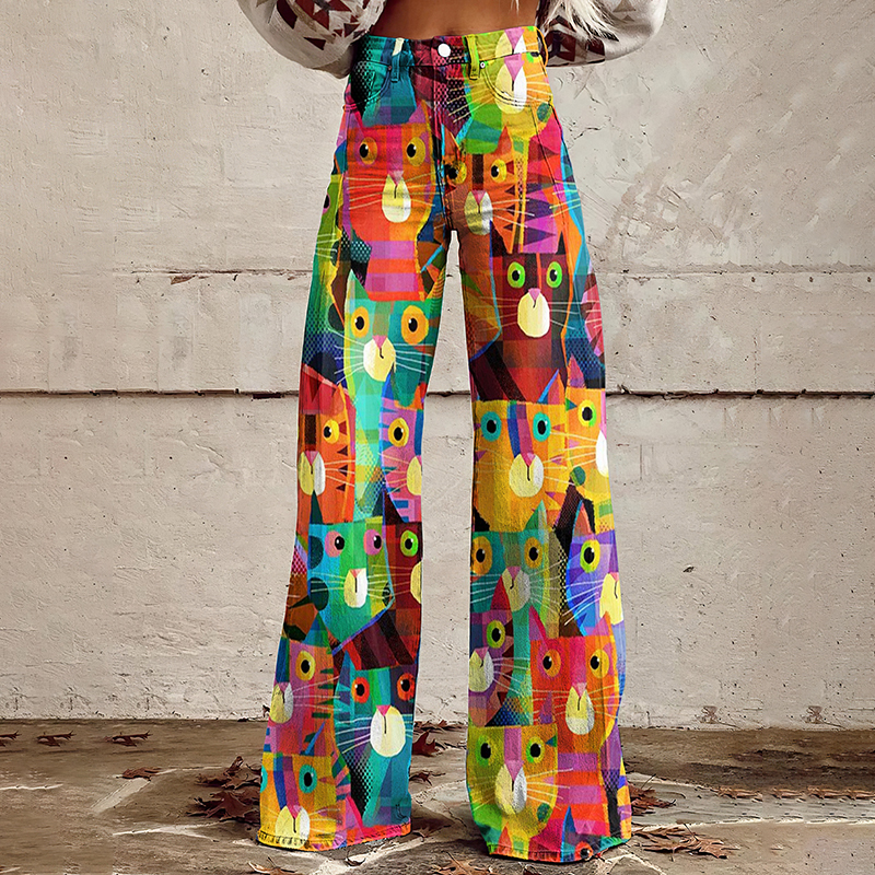 Comstylish Retro Fun Cat Geometry Art Casual Wide Leg Jeans