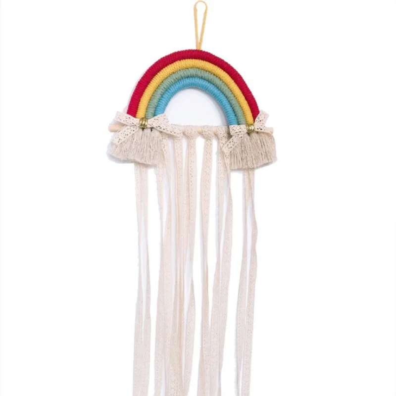 INS Nordic Rainbow Tassel Wall Hanging Ornaments Hair Bows Storage Belt Girls Room Decoration Hair Clips Hanger Organizer Strip