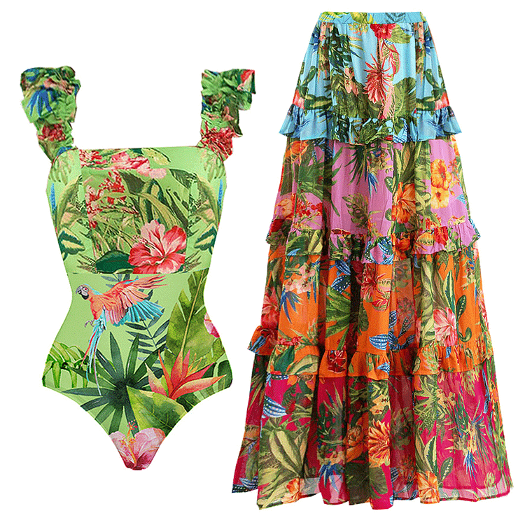 Sling Ruffle Printed One Piece Swimsuit and Skirt