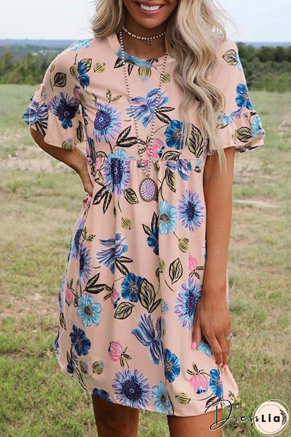 Floral Print Short Sleeve Midi Dress