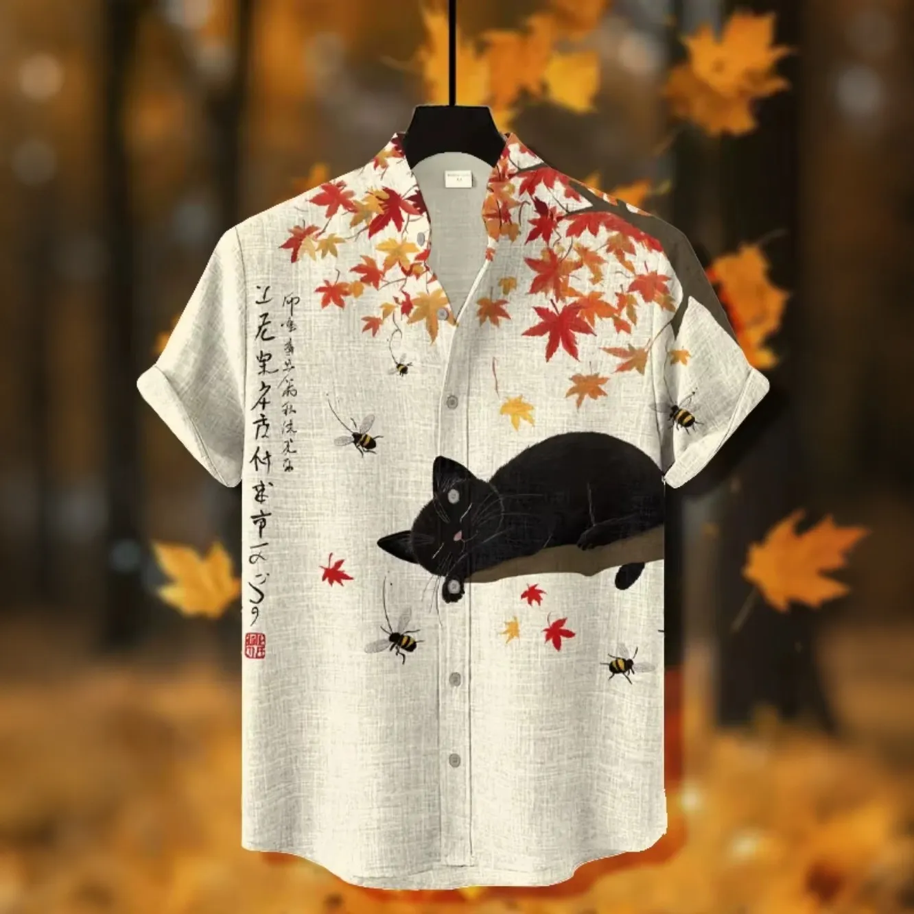 Men's Vintage Lazy Cat Sleeps In Fall Maple Pattern Linen Blend Casual Shirt  artssus