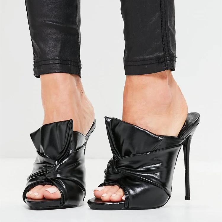 Black Peep Toe Knotted Stiletto Heels Mules Sandals |FSJ Shoes