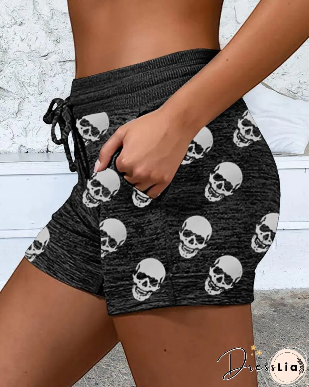 Skeleton Print Skinny Drawstring Shorts