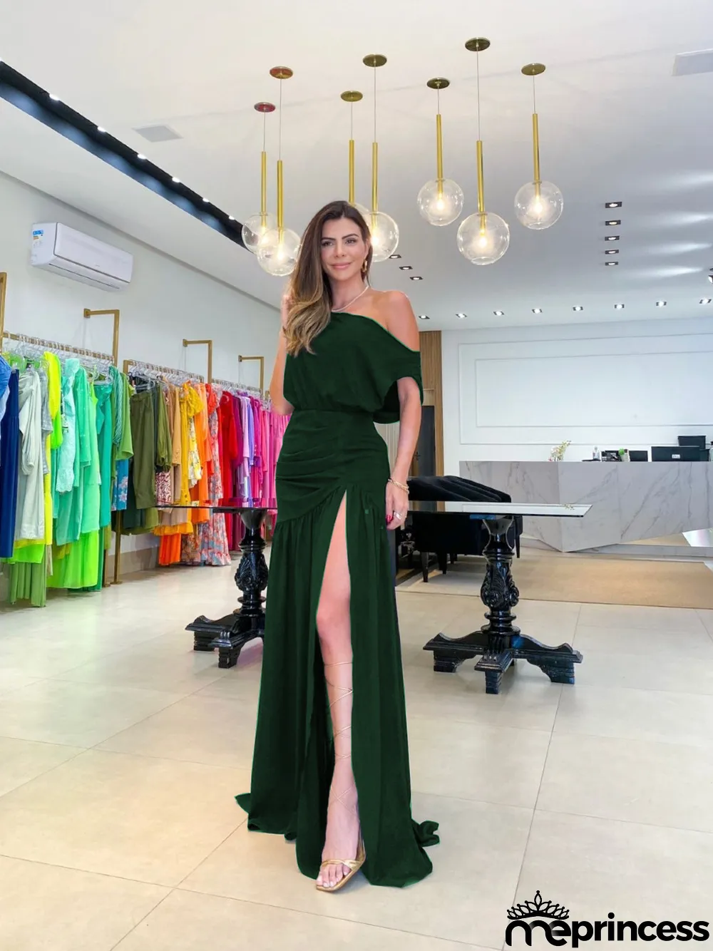 Solid Sexy Slash Shoulder Off-Shoulder Slim Waist Slit Gown Dress