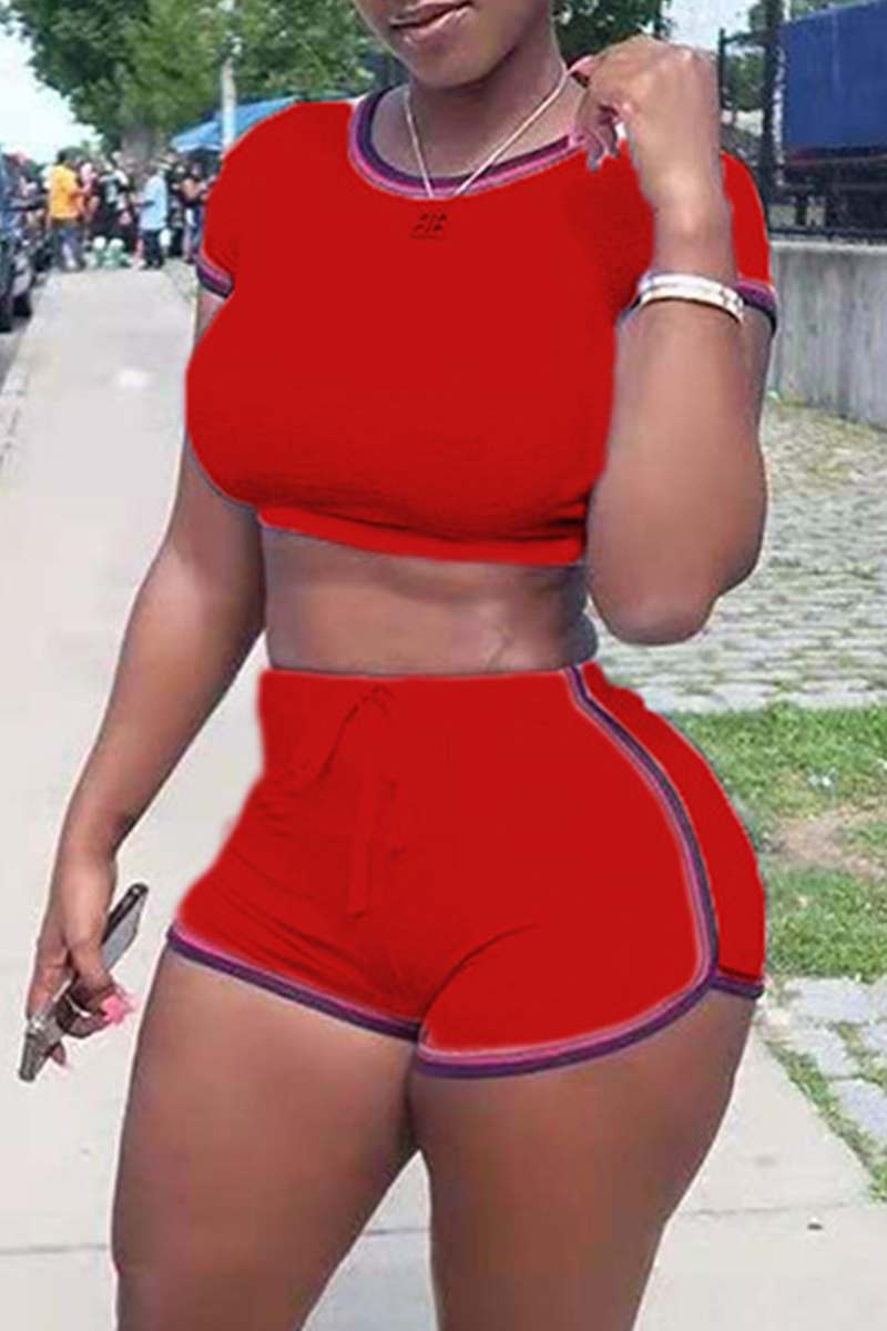 Red Casual Solid Patchwork O Neck Short Sleeve Two Pieces | EGEMISS