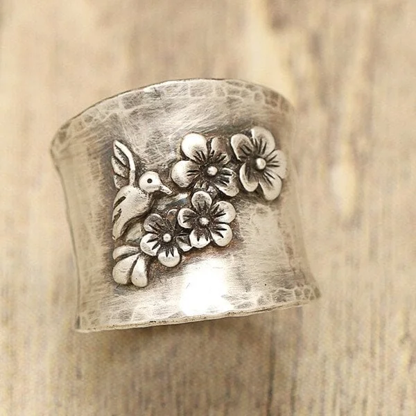 925 Bird Flower Wide Band Ring