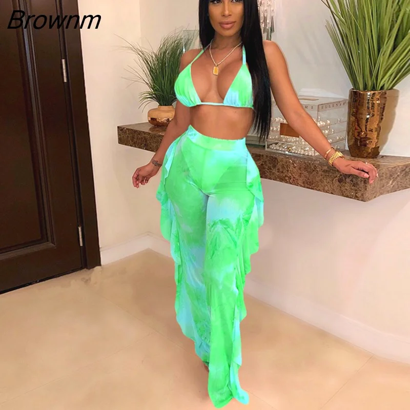 Brownm Tie Dye Print Mesh Summer Beach Two Piece Set with Panties Women Sexy Bra Halter Crop Top Ruffle Wide Leg Pants Suit