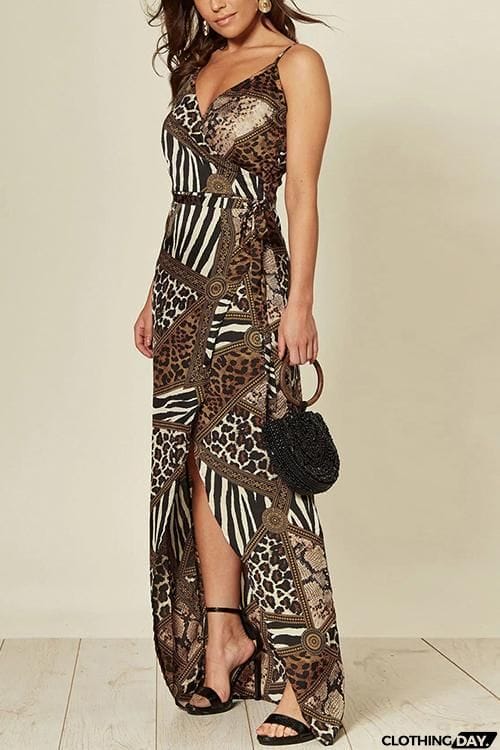 Lepard Patchwork Slip Maxi Dress