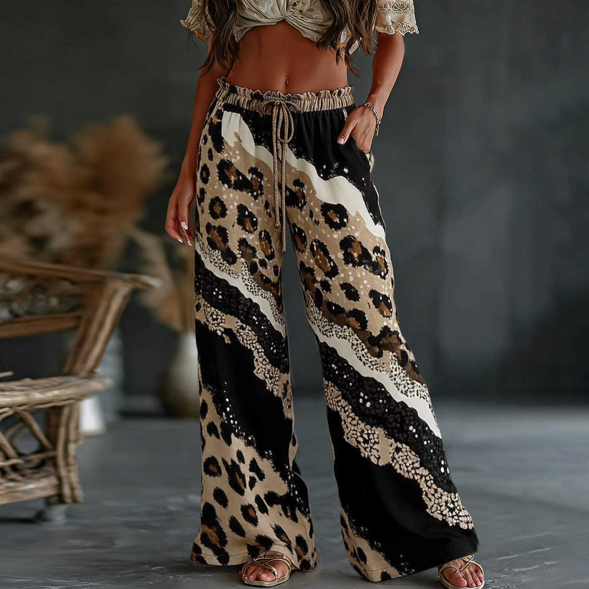 Comstylish Women's Leopard And Animal Patchwork Art Print Flowy Linen Blend Casual Pants