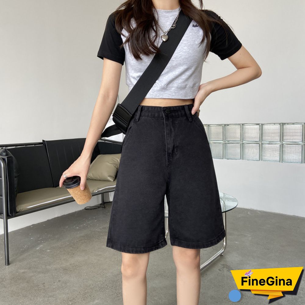 New Summer Women High Waist Wide Leg Black Denim Shorts Casual Female Loose Straight Button Jeans Bermuda Shorts