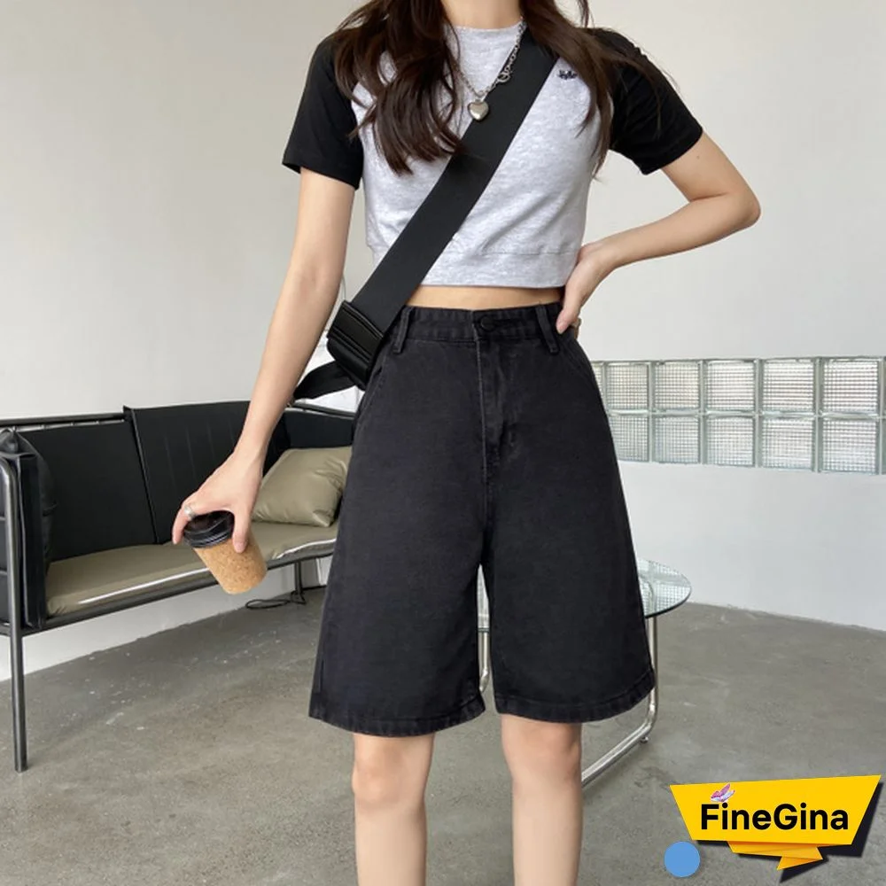 New Summer Women High Waist Wide Leg Black Denim Shorts Casual Female Loose Straight Button Jeans Bermuda Shorts