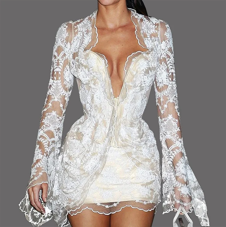 Lace See-Through Deep V Neck Flare Sleeve Layered Mini Dress