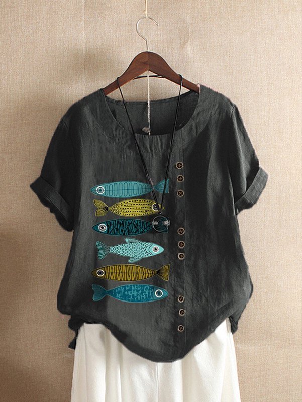 Short Sleeve Crew Neck Fish Print Shirts & Tops