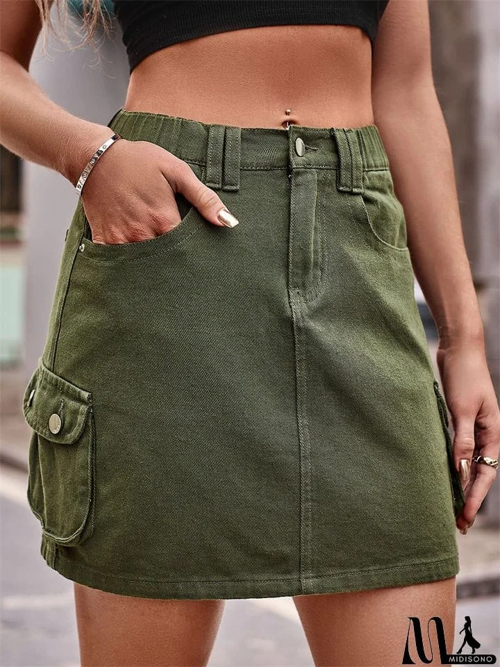 MidiSono - Female Summer Elastic Waist Short Cargo Skirt