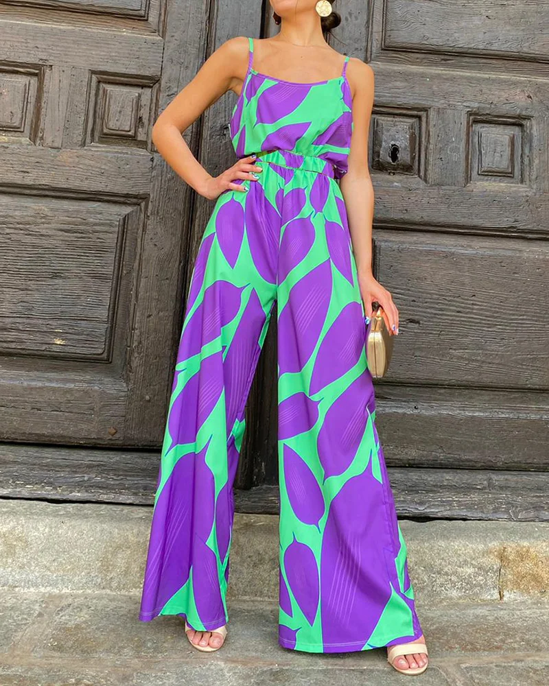 Suspender Leaf Print Wide-leg Jumpsuit