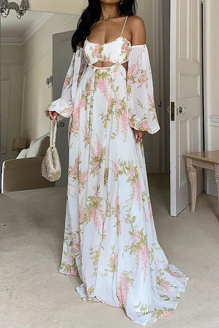 Elegant Floral Frenulum Backless V Neck Printed Dress Dresses