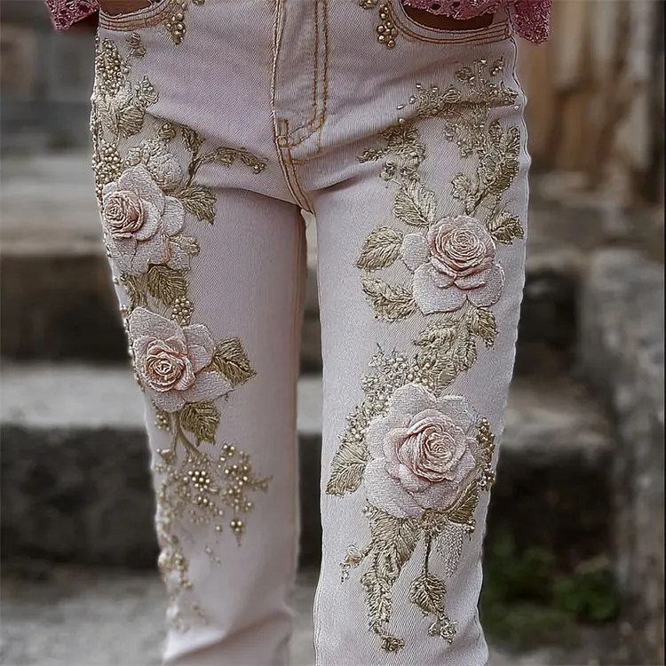 Classy Pink Roses Glitter Embroidered Skinny Jeans