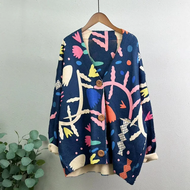 Plus Size - Knitted Floral Colorful Sweater Coat socialshop