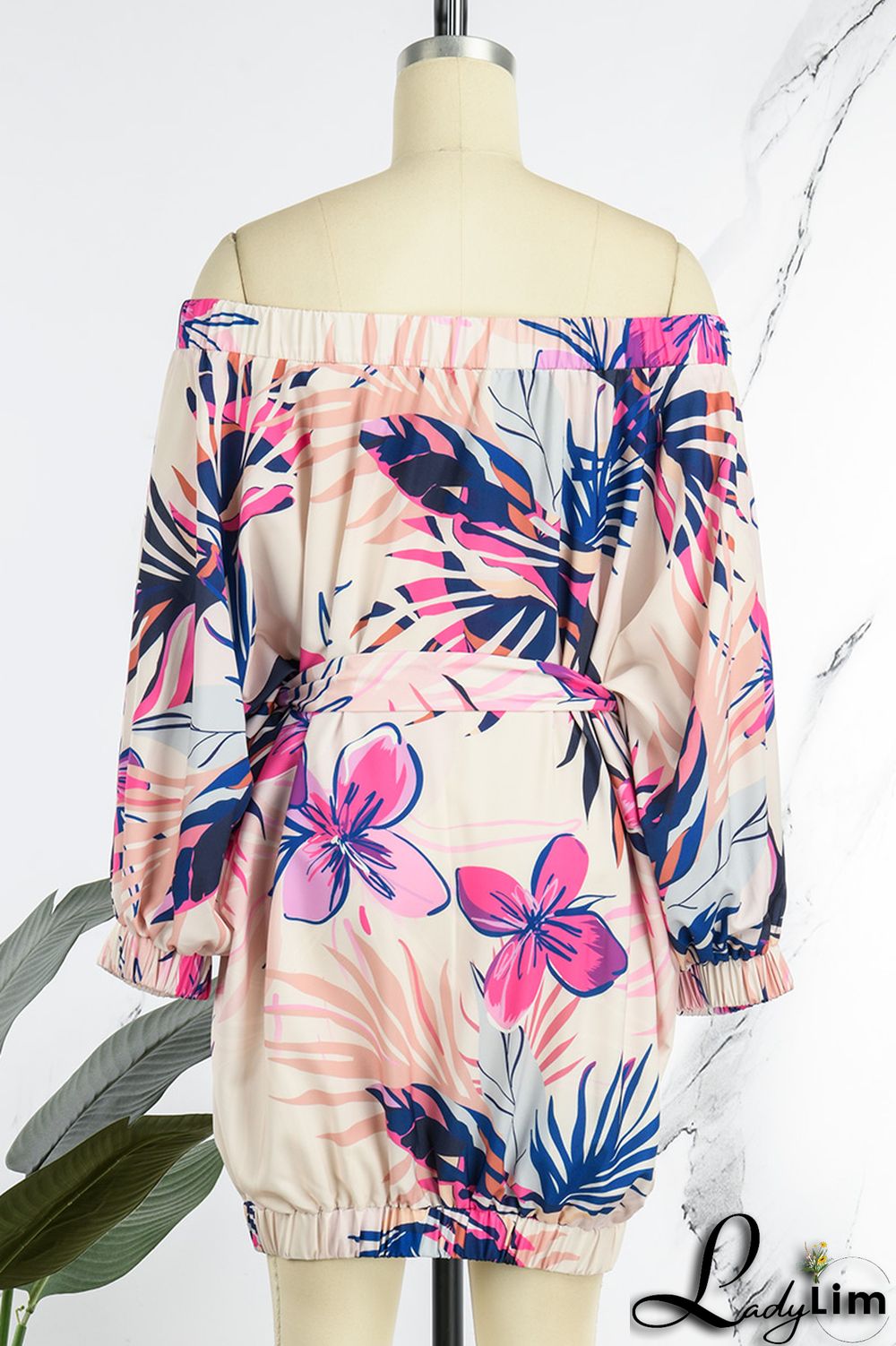 Rose Red Casual Print Backless Off the Shoulder Lantern Dress Dresses