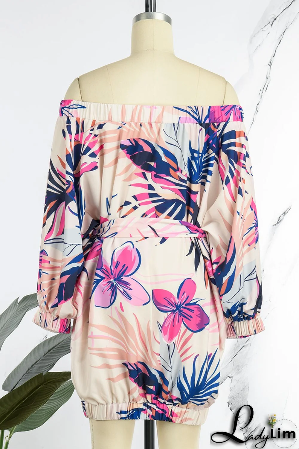 Rose Red Casual Print Backless Off the Shoulder Lantern Dress Dresses